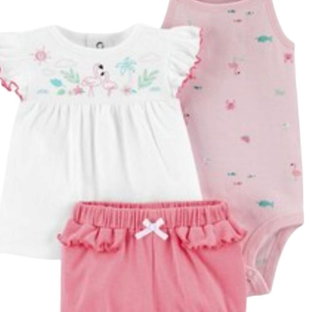 Carter's Baby Girl 3-Pc Set 6 Months Flamingo White Pink Shorts Top Bodysuit NWT